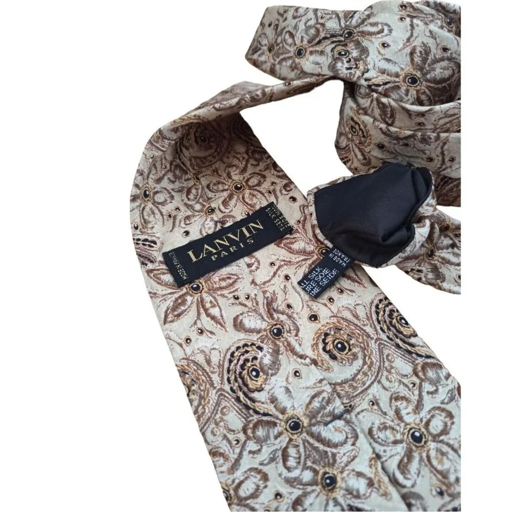 LANVIN Beige Floral Silk Tie FRANCE 58